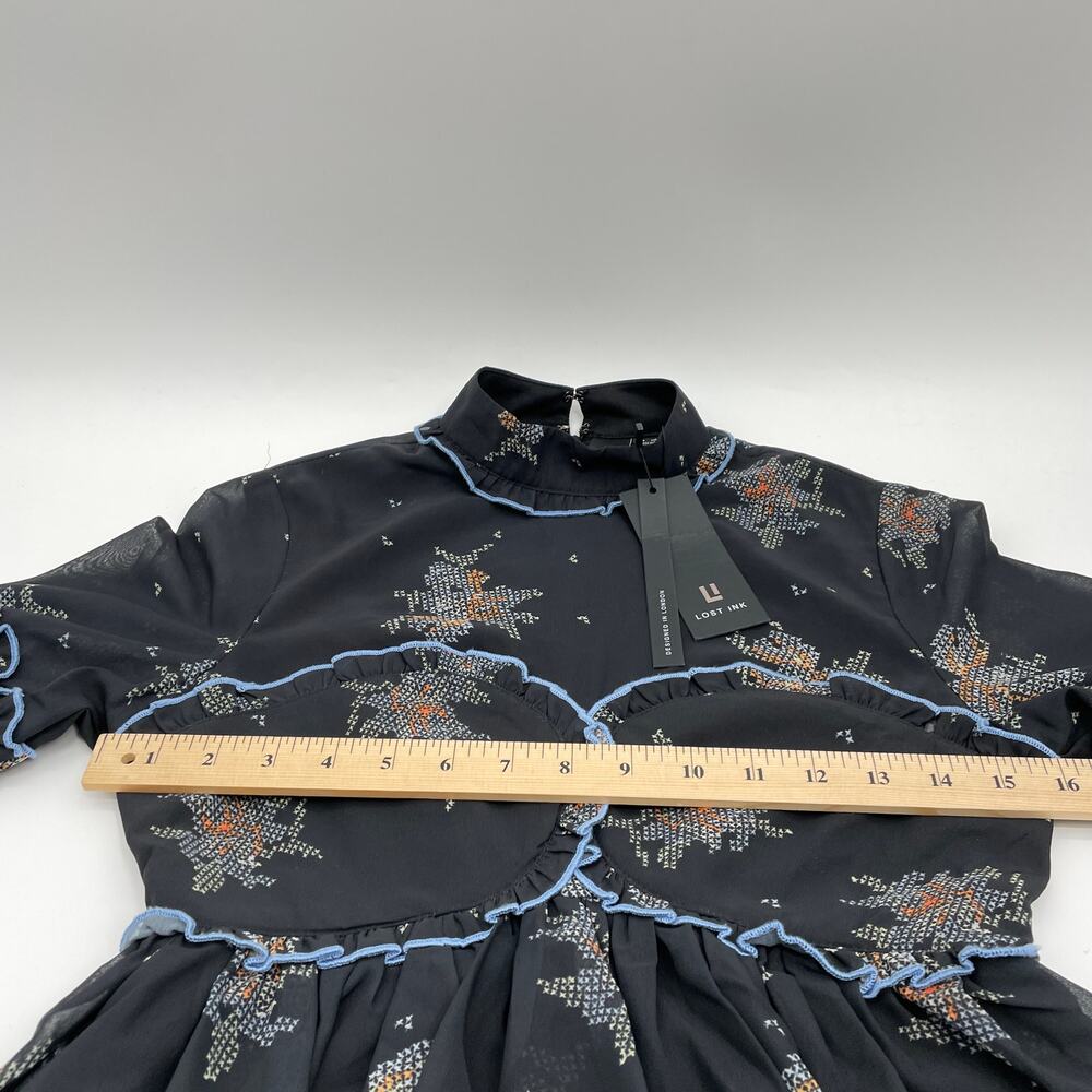 New LOST INK Patterned Ruffle Bell Sleeve Chiffon Dress Womens Sz XXS - Picture 5 of 7